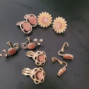 5 Pair Vintage Goldstone Earrings Gold Tone Clip on & Screwback
